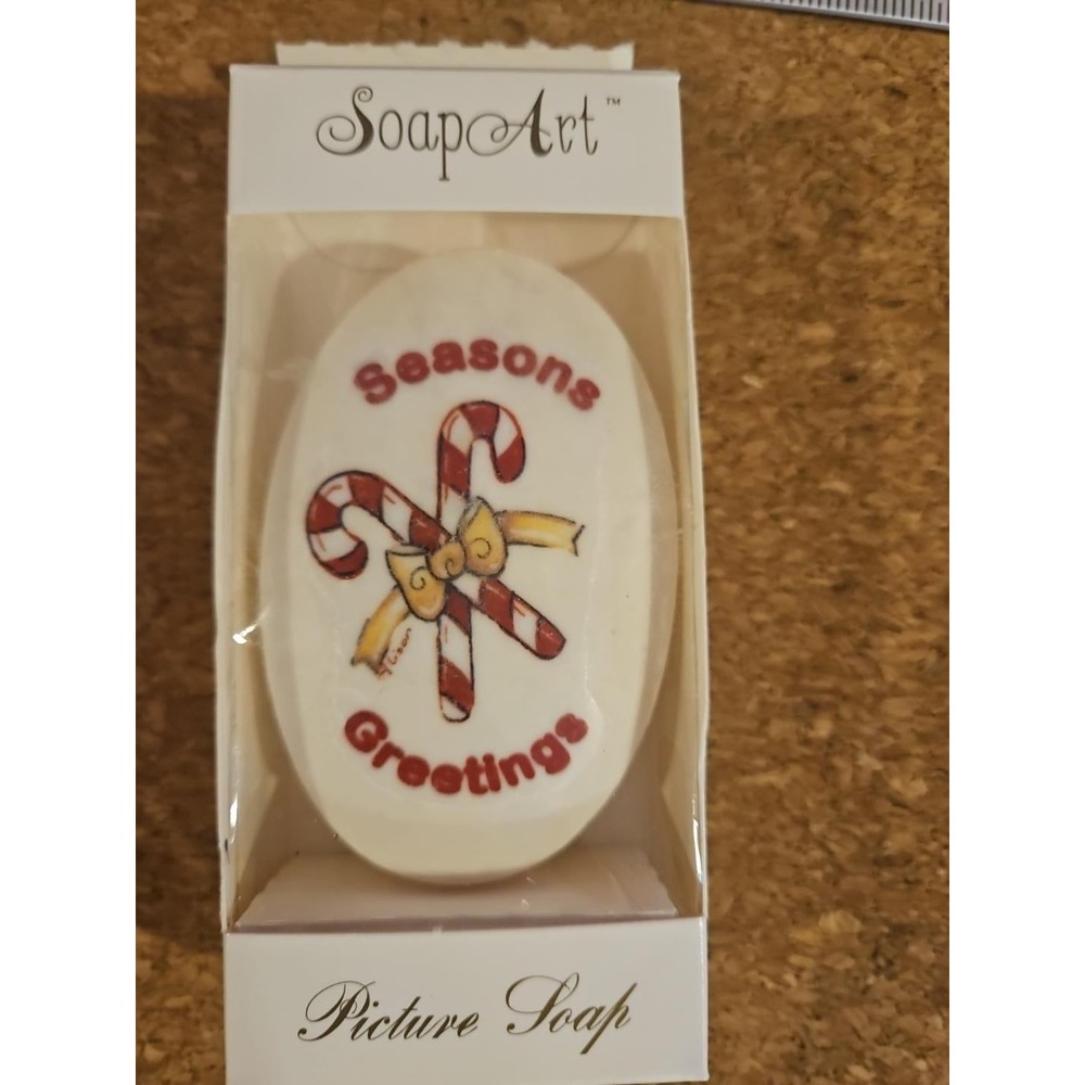 Vtg Candy Cane Non-Fade Picture Soap SoapArt 3.0oz White Seasons Greetings ST44